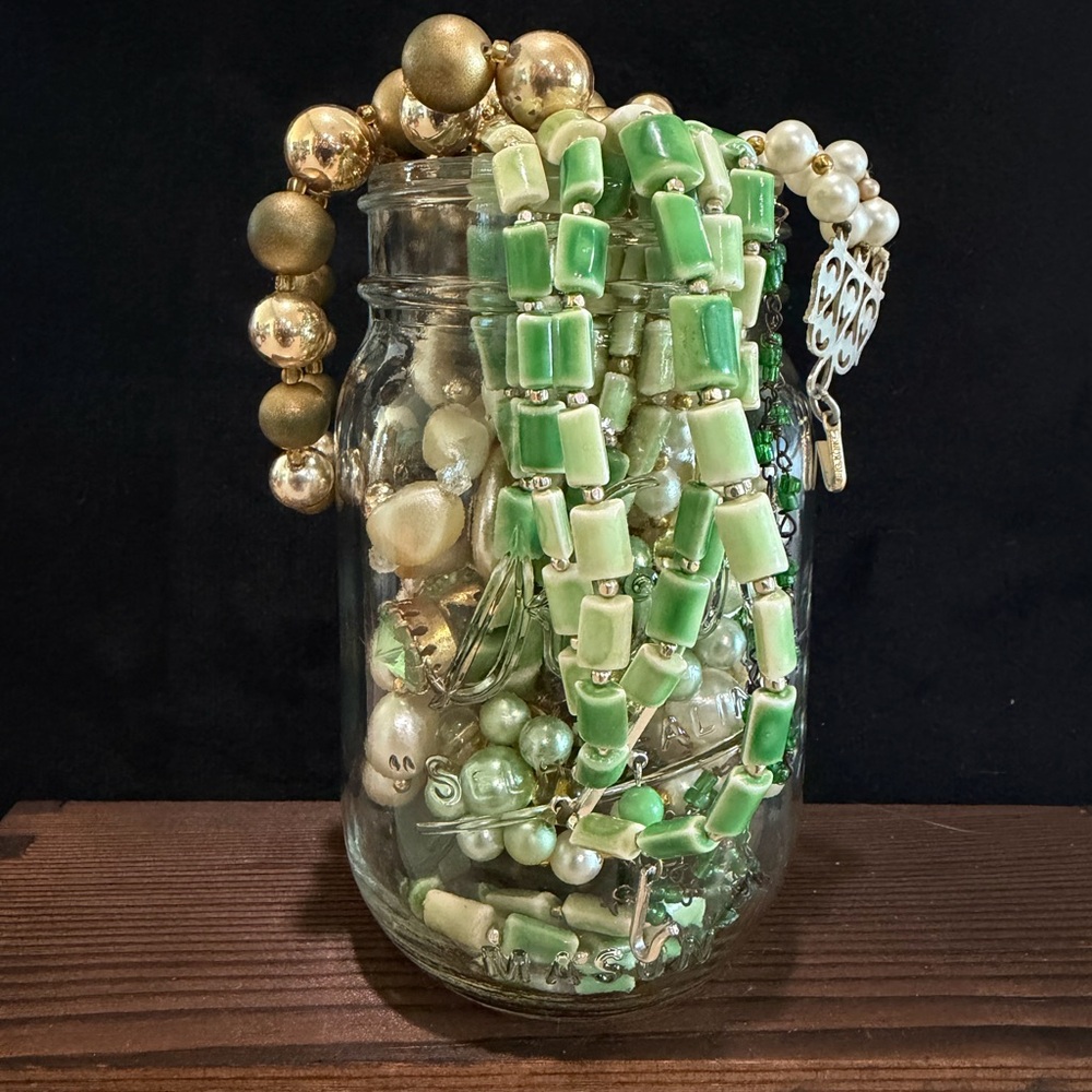 Vintage Estate Jewelry Mystery Jar Green and Gold Wearable Craftable